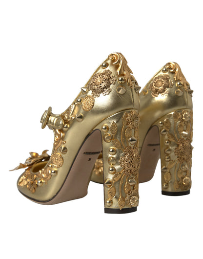 Gold Leather Crystal Mary Janes Pumps Shoes - The Luxe Alliance