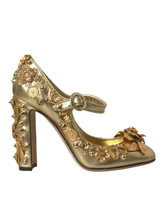 Gold Leather Crystal Mary Janes Pumps Shoes - The Luxe Alliance