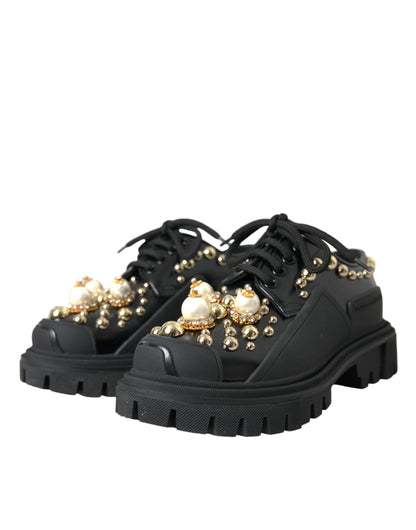  - Black Leather Trekking Derby Embellished Shoes