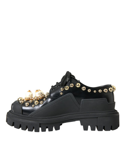  - Black Leather Trekking Derby Embellished Shoes