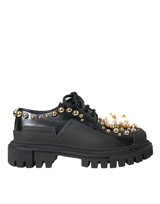  - Black Leather Trekking Derby Embellished Shoes