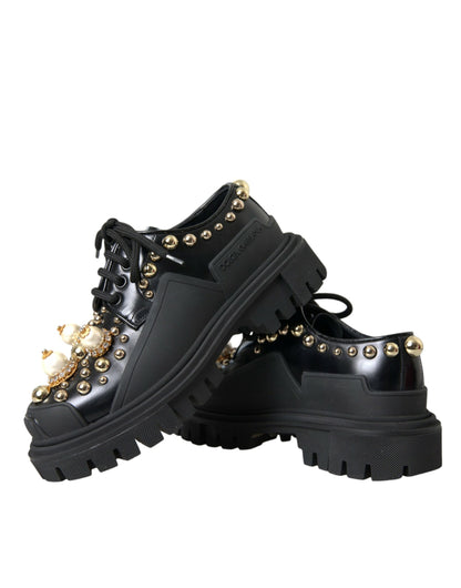  - Black Leather Trekking Derby Embellished Shoes