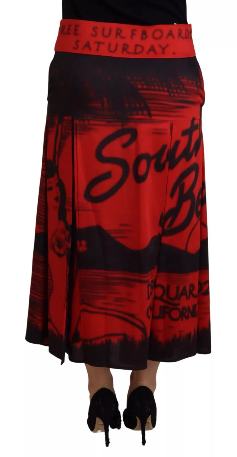  - Red Printed High Waist A-line Pleated Midi Skirt