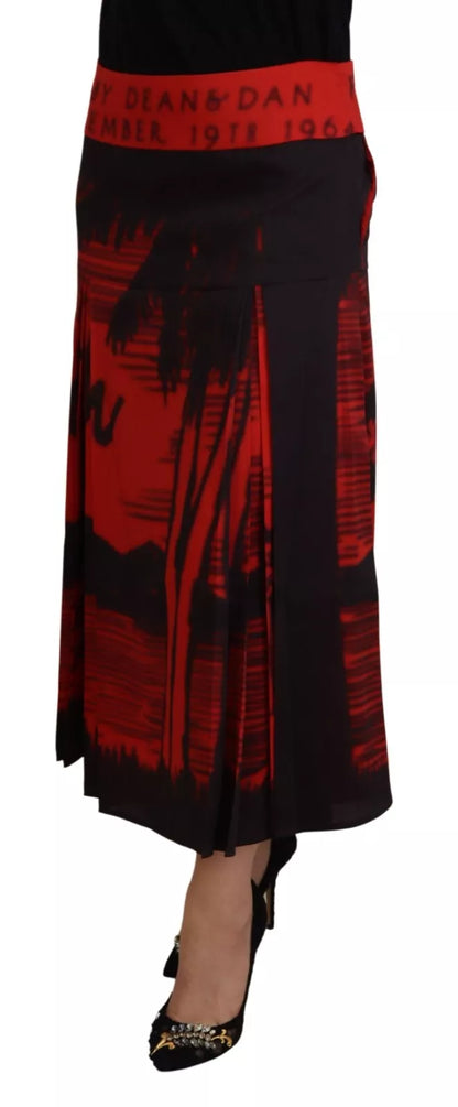  - Red Printed High Waist A-line Pleated Midi Skirt