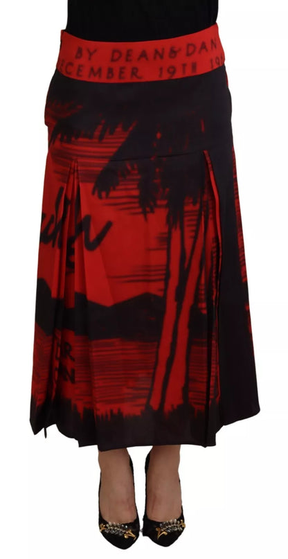  - Red Printed High Waist A-line Pleated Midi Skirt