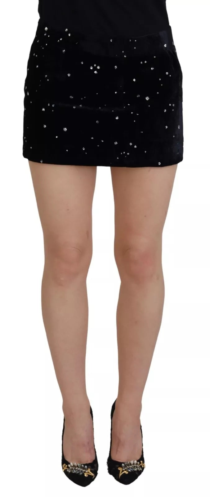  - Black Embellished Mid Waist A-line Mini Skirt