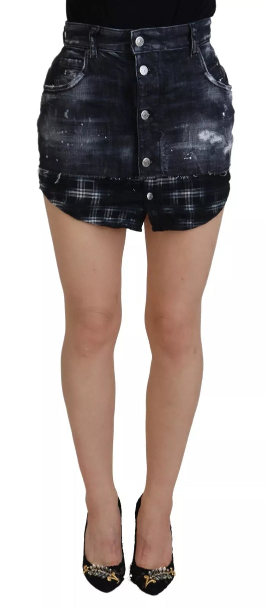  - Black Checkered High Waist A-line Denim Mini Skirt