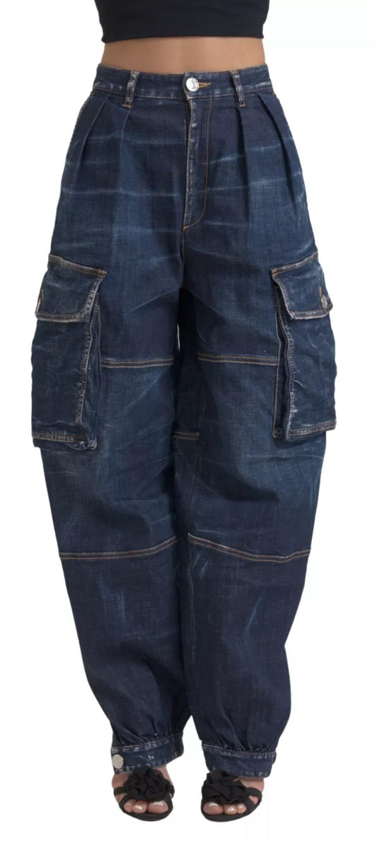  - Blue High Waist Cotton Cargo Baggy Denim Jeans