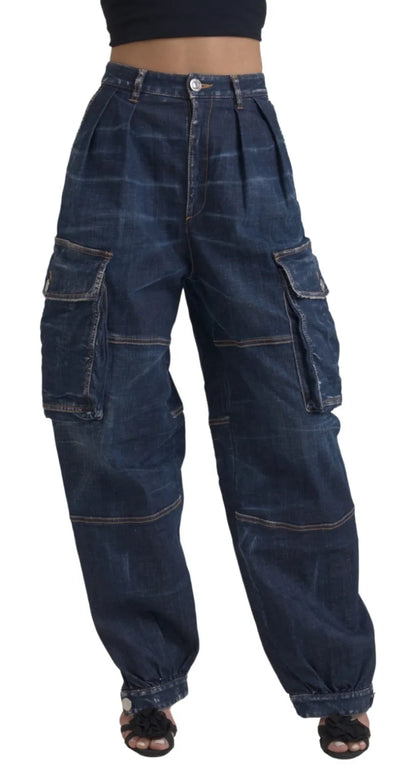  - Blue High Waist Cotton Cargo Baggy Denim Jeans