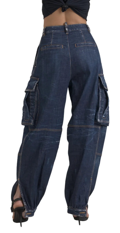  - Blue High Waist Cotton Cargo Baggy Denim Jeans