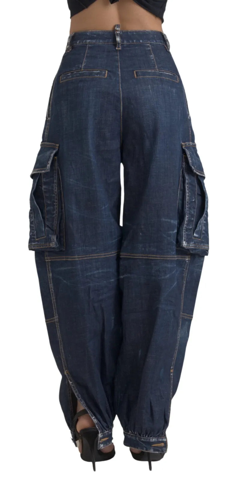  - Blue High Waist Cotton Cargo Baggy Denim Jeans