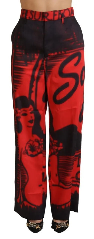  - Red Printed High Waist Straight Pants