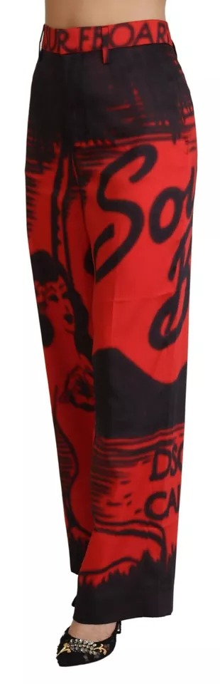  - Red Printed High Waist Straight Pants