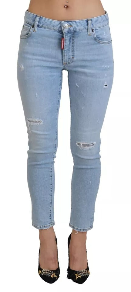  - Blue Tattered Mid Waist Cropped Twiggy Denim Jeans