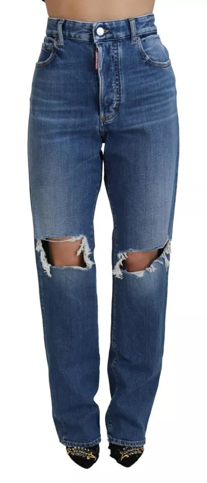  - Blue Distressed High Waist Straight Denim Jeans