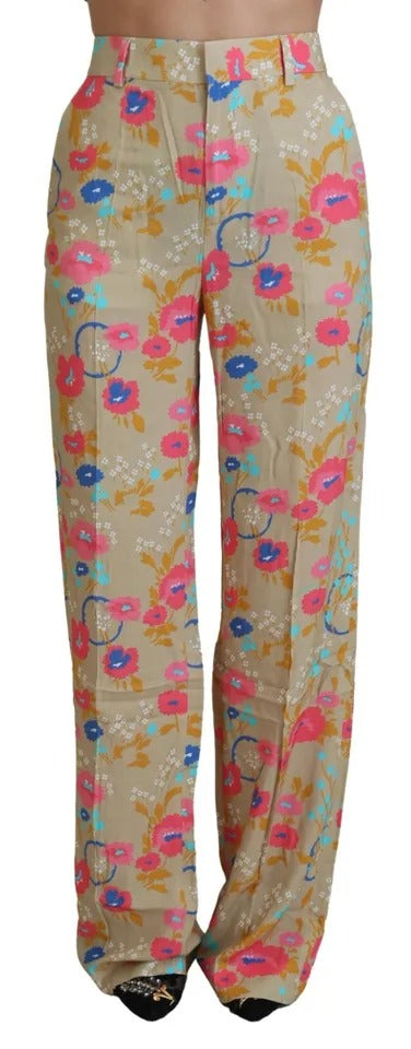  - Beige Floral High Waist Straight Pants