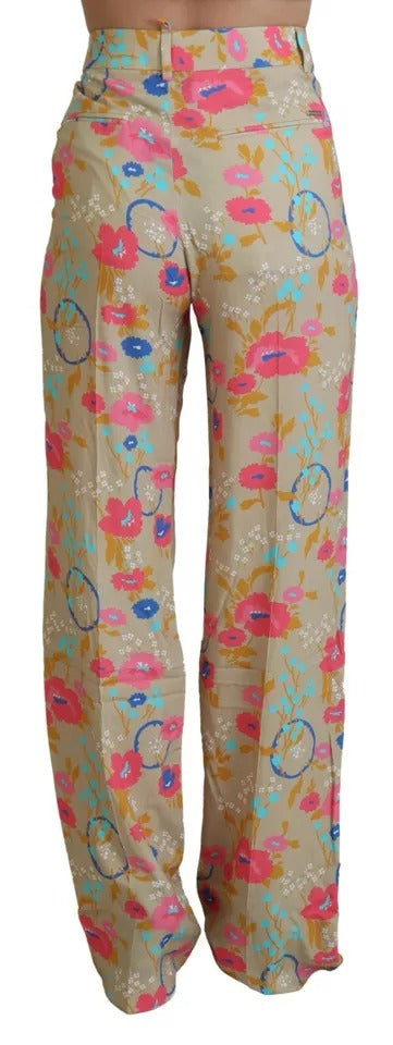  - Beige Floral High Waist Straight Pants