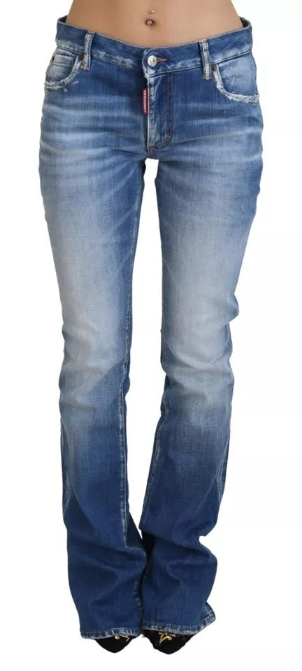  - Blue Washed Cotton Mid Waist Flared Denim Jeans