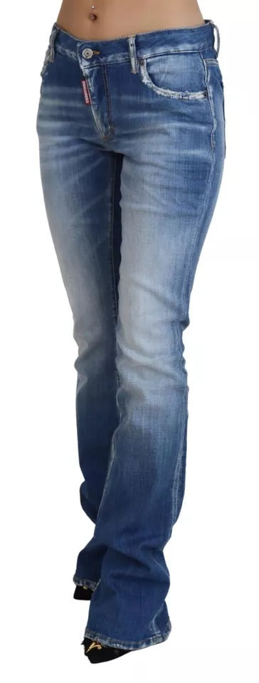  - Blue Washed Cotton Mid Waist Flared Denim Jeans