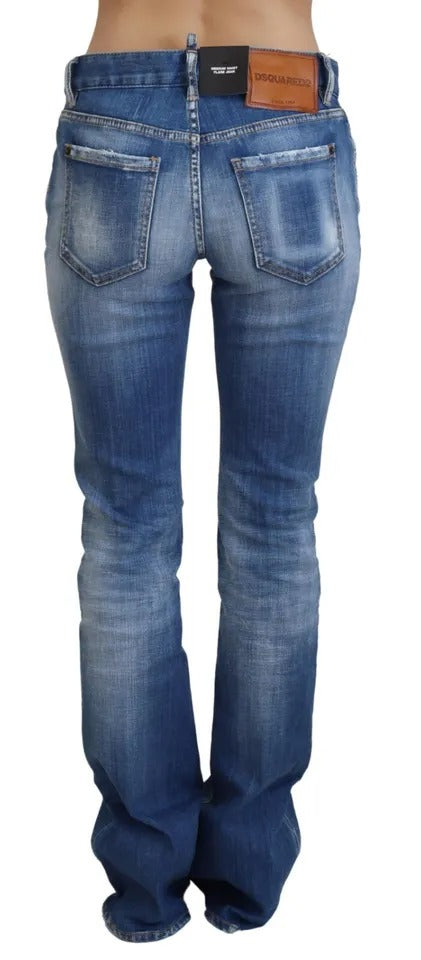  - Blue Washed Cotton Mid Waist Flared Denim Jeans