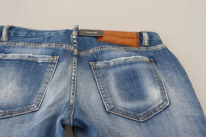  - Blue Washed Cotton Mid Waist Flared Denim Jeans