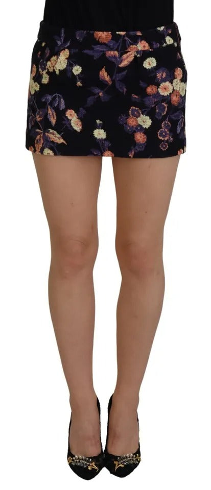  - Black Floral Embroidery Mid Waist A-line Mini Skirt