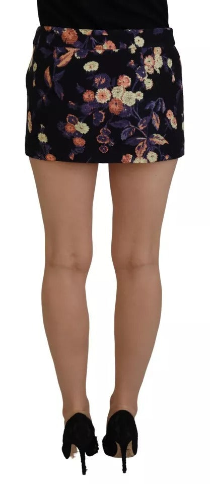  - Black Floral Embroidery Mid Waist A-line Mini Skirt