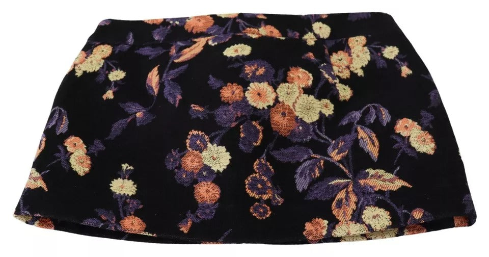  - Black Floral Embroidery Mid Waist A-line Mini Skirt