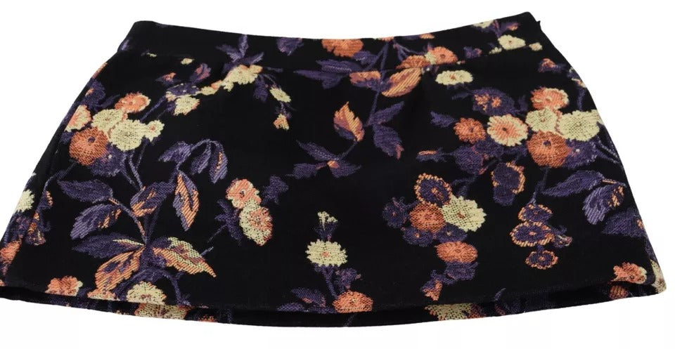  - Black Floral Embroidery Mid Waist A-line Mini Skirt