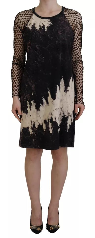  - Black Tie Dye Mesh Long Sleeves Cotton Shift Dress