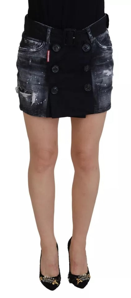  - Black Distressed Mid Waist A-line Denim Mini Skirt