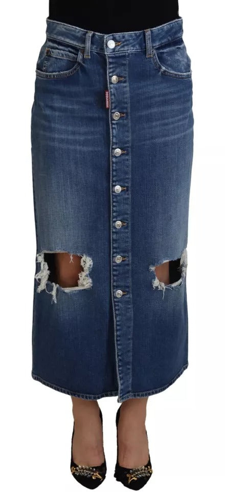  - Blue Distressed High Waist Pencil Cut Denim Skirt