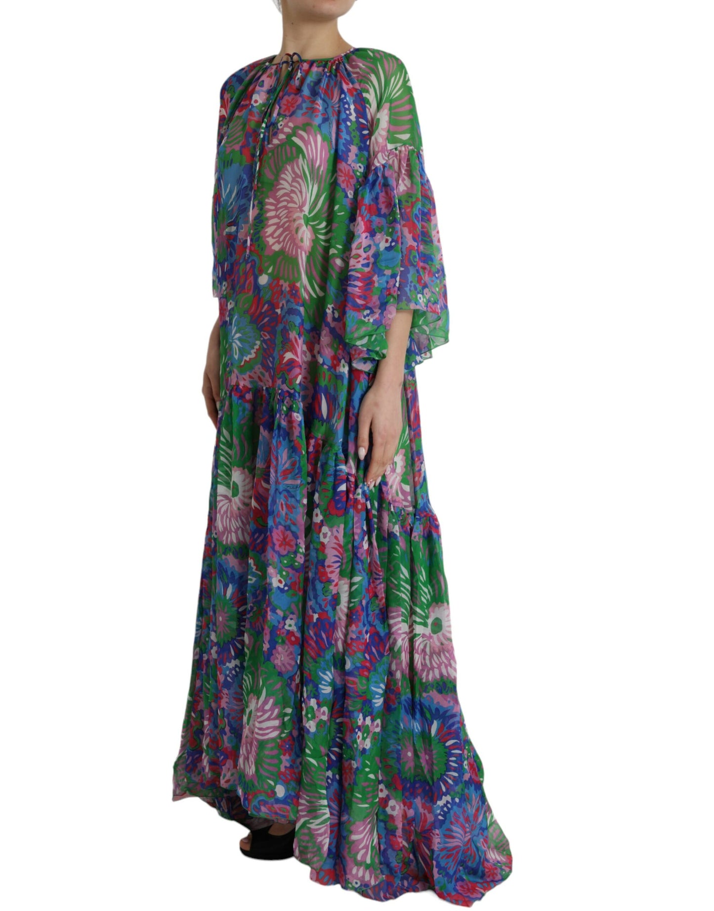  - Multicolor Floral Silk Kaftan Maxi Dress