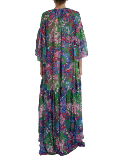  - Multicolor Floral Silk Kaftan Maxi Dress