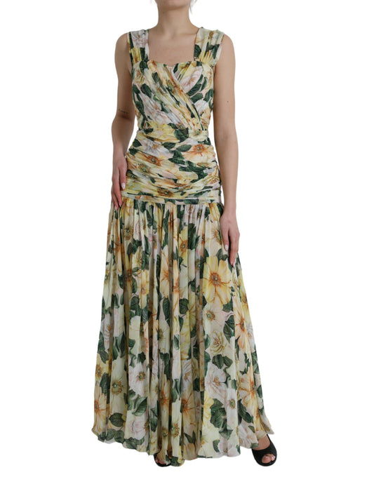  - Yellow Floral Print Silk Pleated Maxi Dress