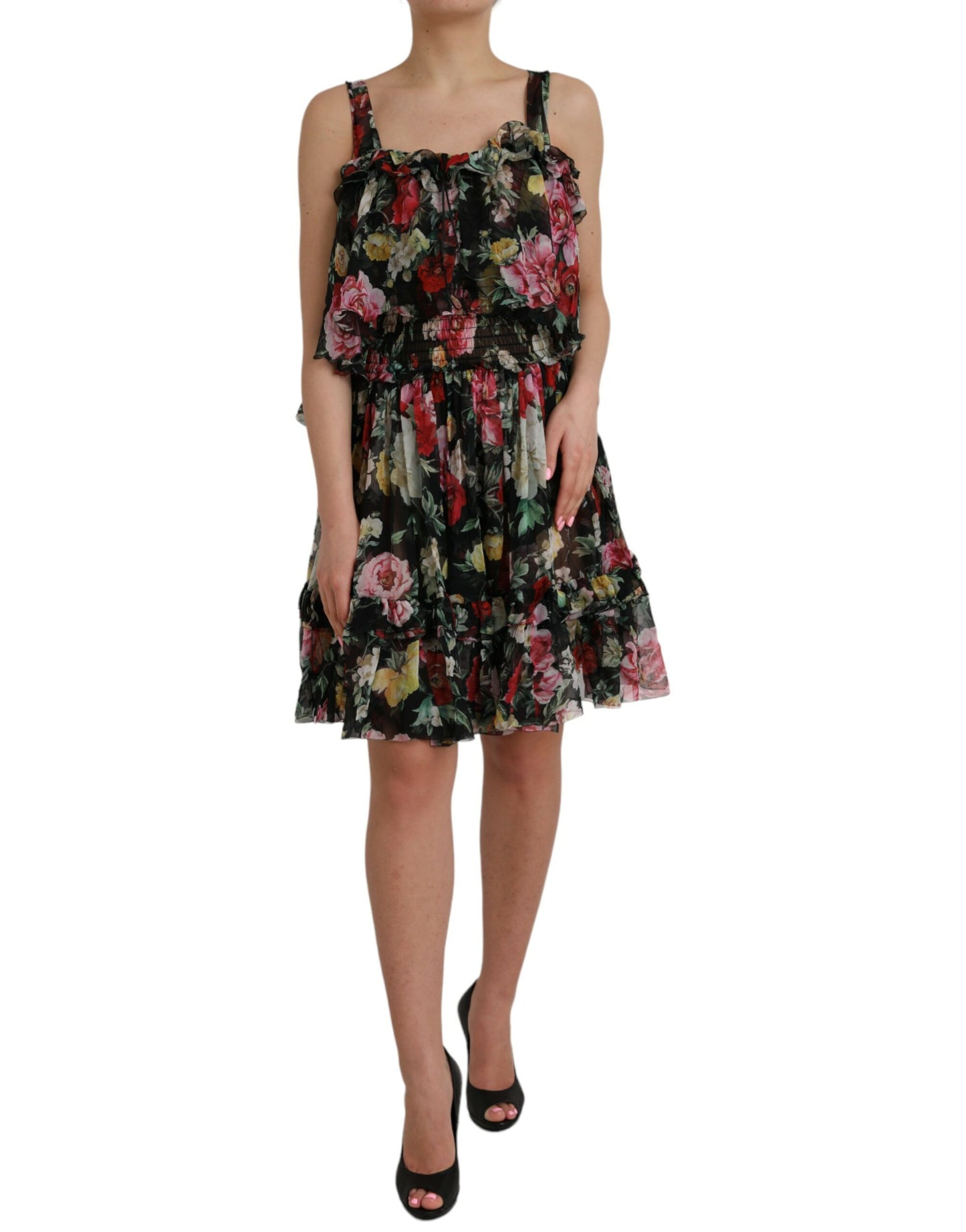  - Black Floral Silk A-line Sleeveless Dress