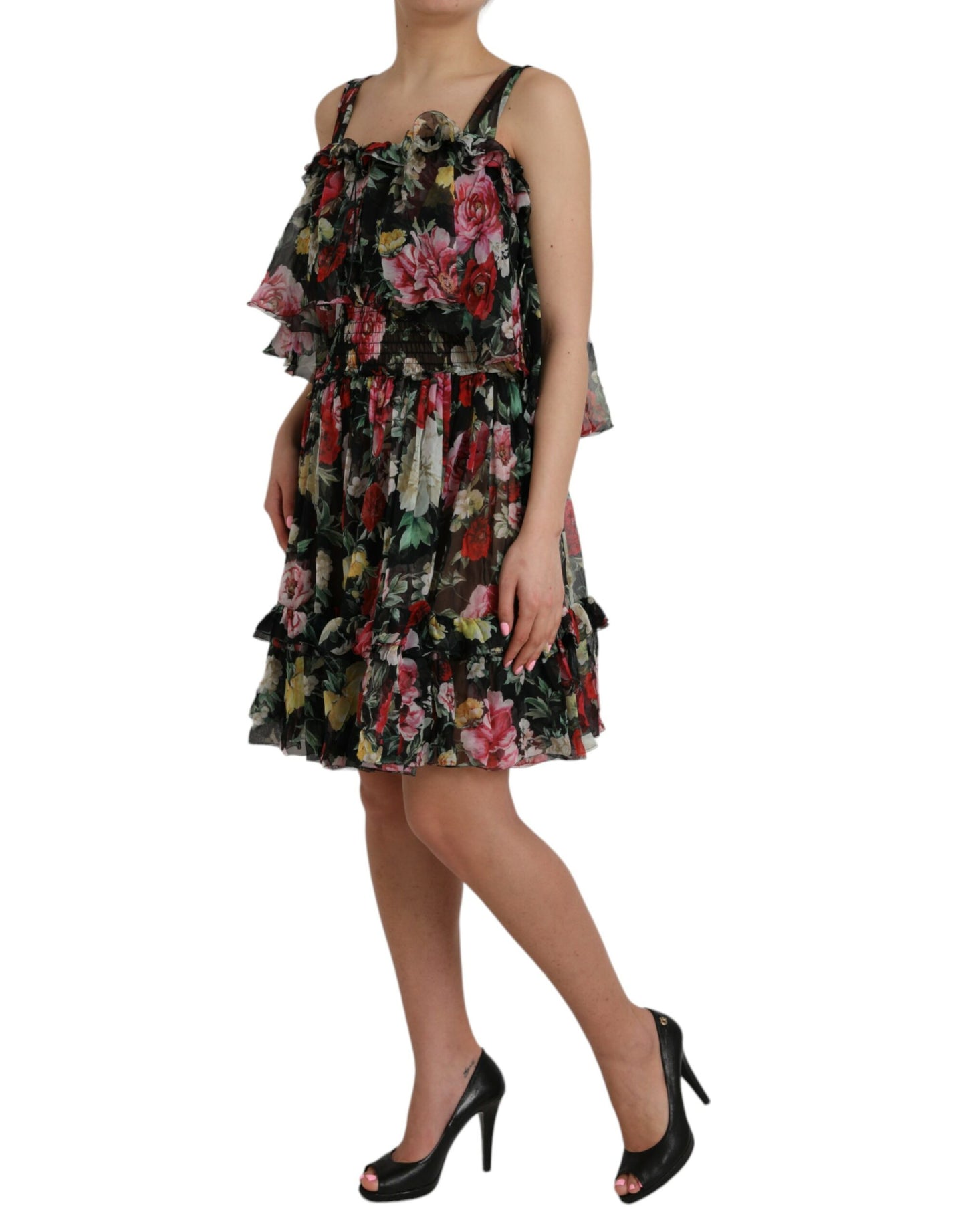  - Black Floral Silk A-line Sleeveless Dress