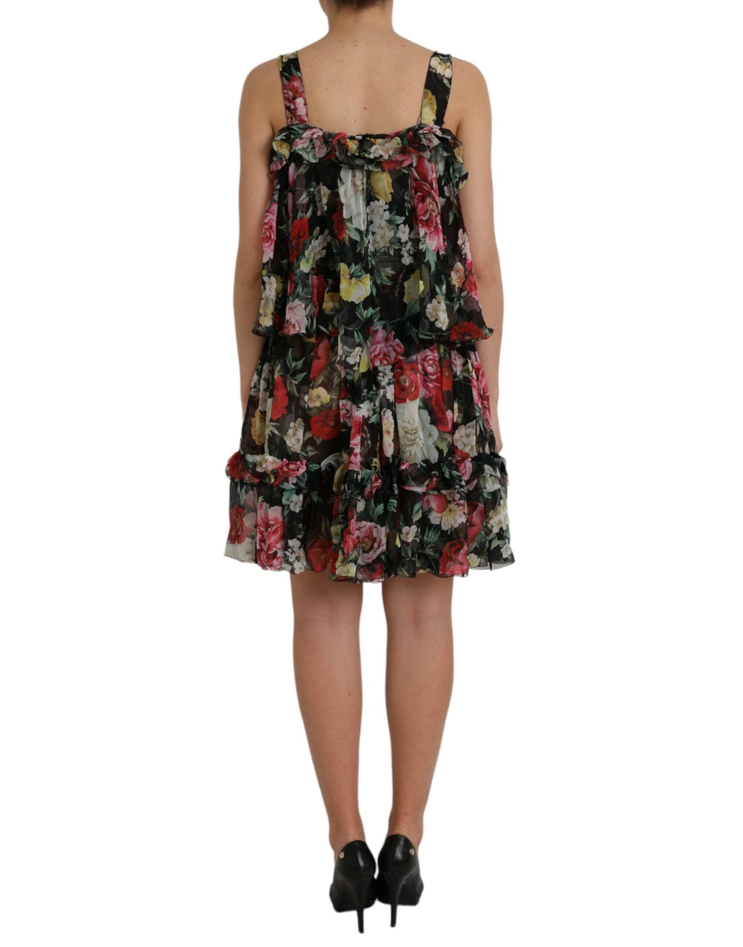  - Black Floral Silk A-line Sleeveless Dress