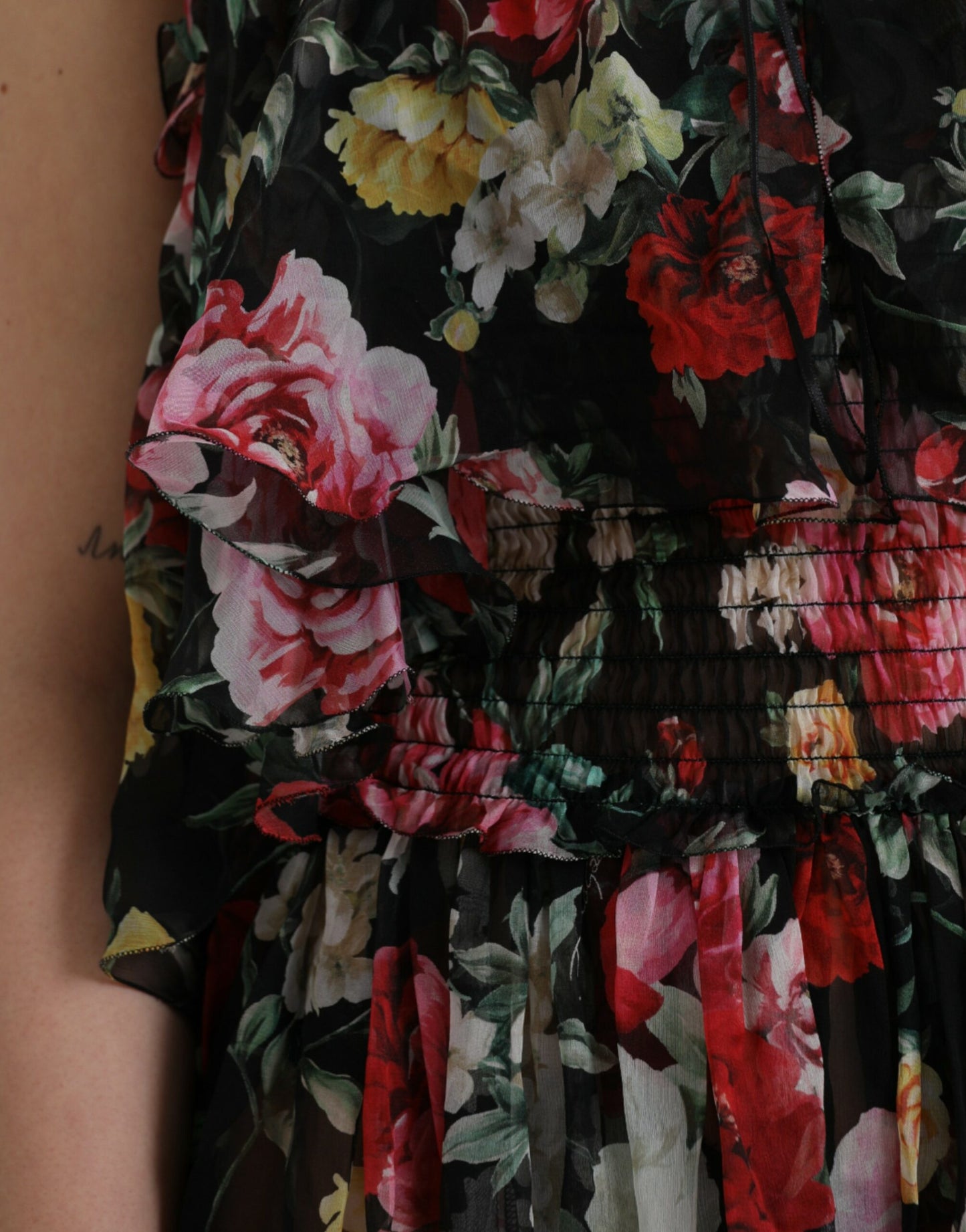  - Black Floral Silk A-line Sleeveless Dress