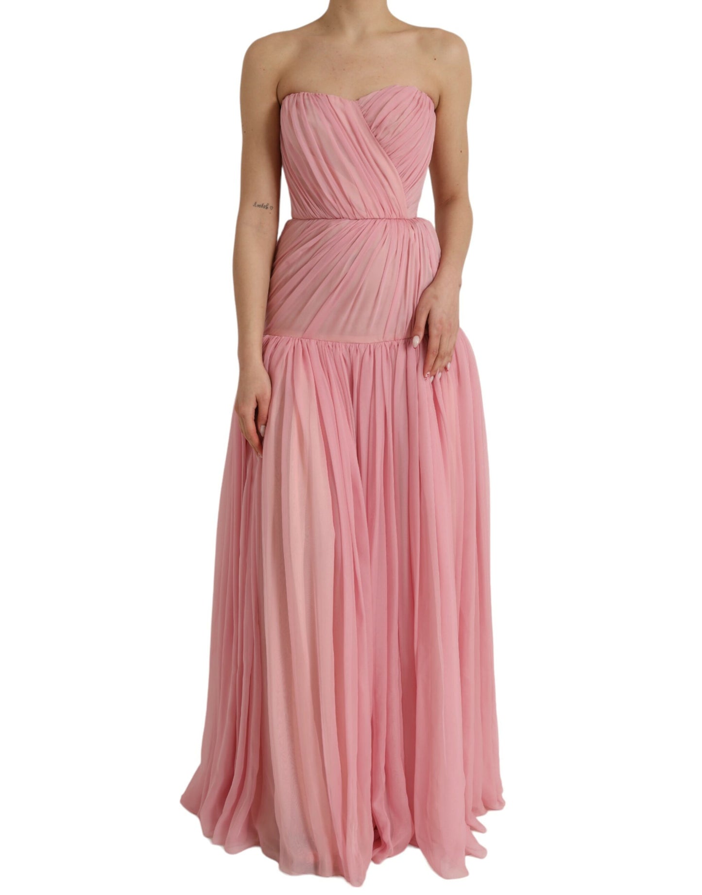  - Pink Silk Strapless Maxi A-line Gown Dress