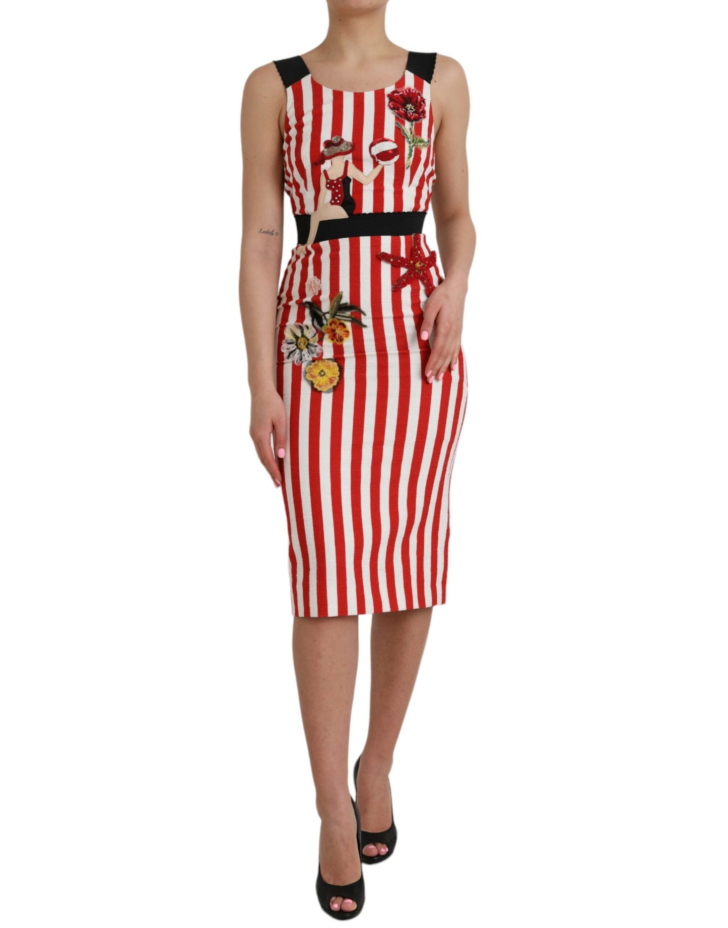  - Red White Floral Sleeveless Sheath Midi Dress
