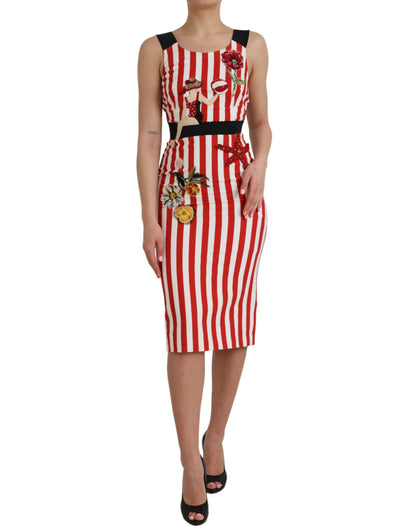  - Red White Floral Sleeveless Sheath Midi Dress