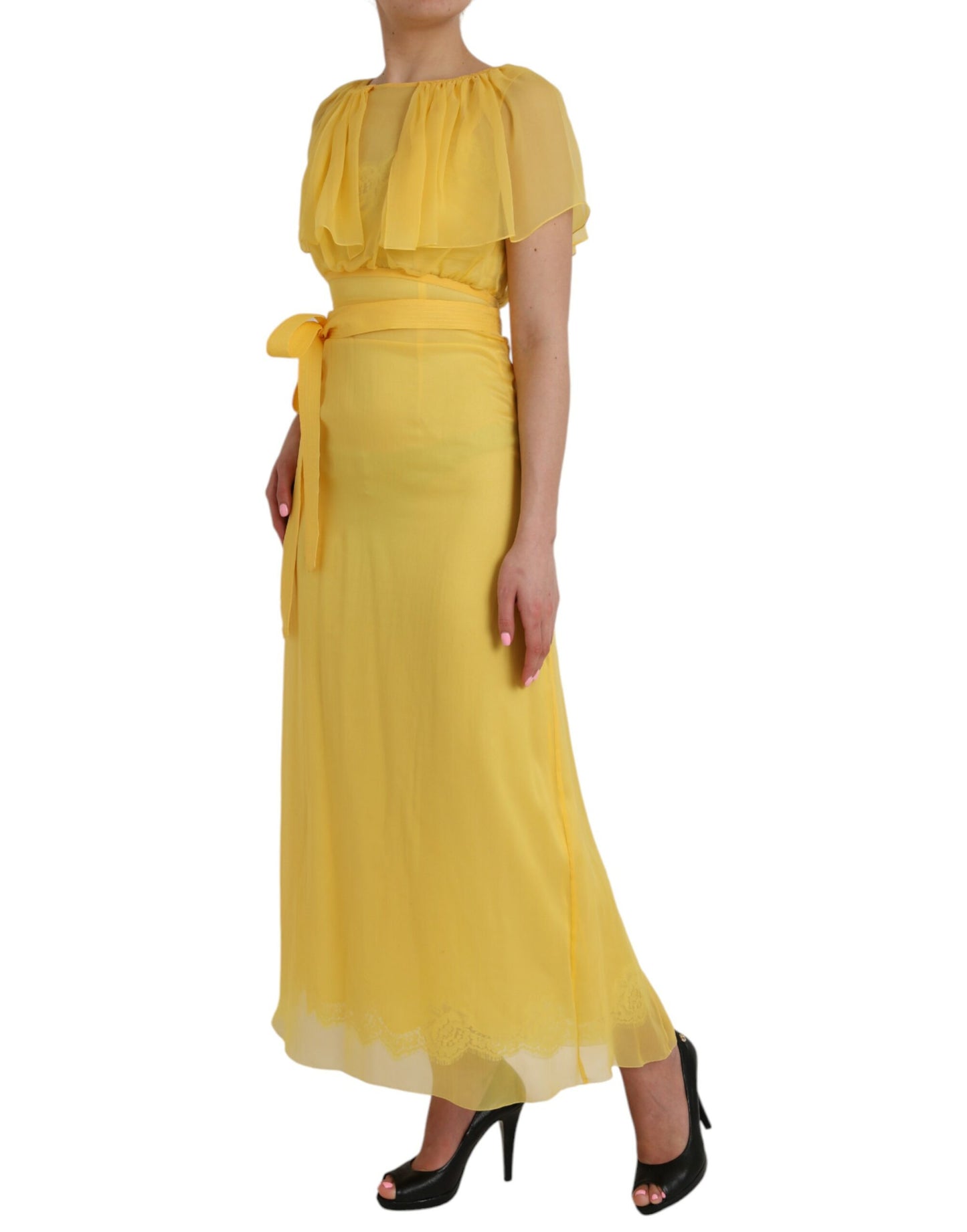  - Yellow Silk Sheath Belted Long Maxi Dress