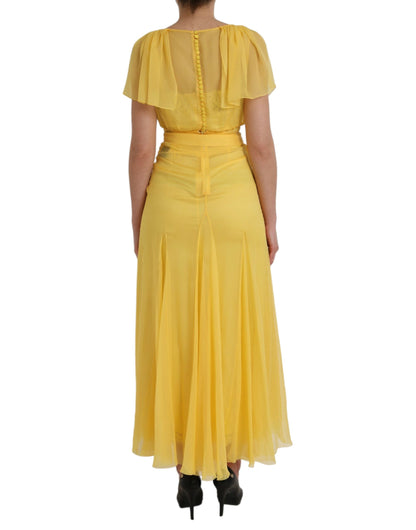  - Yellow Silk Sheath Belted Long Maxi Dress