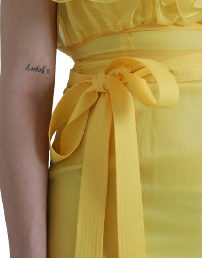  - Yellow Silk Sheath Belted Long Maxi Dress