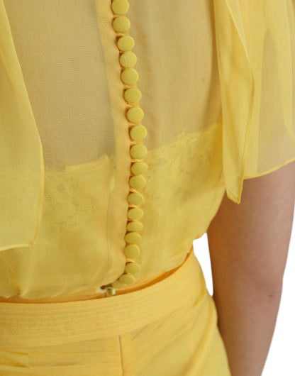  - Yellow Silk Sheath Belted Long Maxi Dress