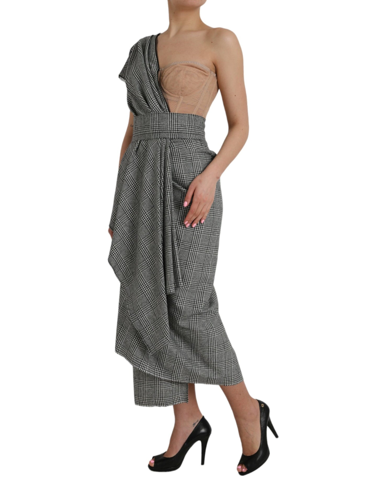  - Gray Beige Layered One Shoulder Maxi Dress