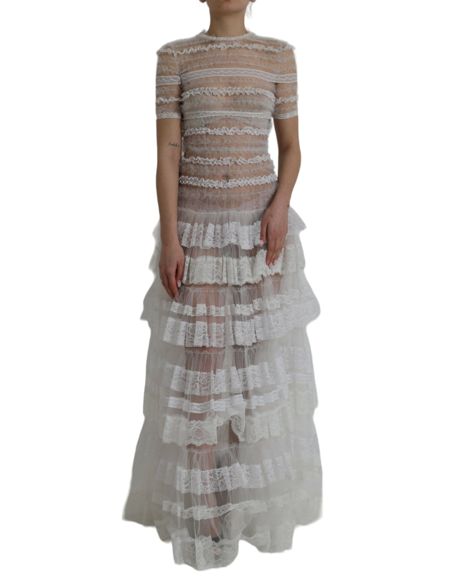  - White Nylon Sheer Tiered Lace Maxi Dress