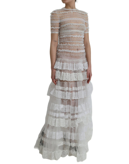  - White Nylon Sheer Tiered Lace Maxi Dress