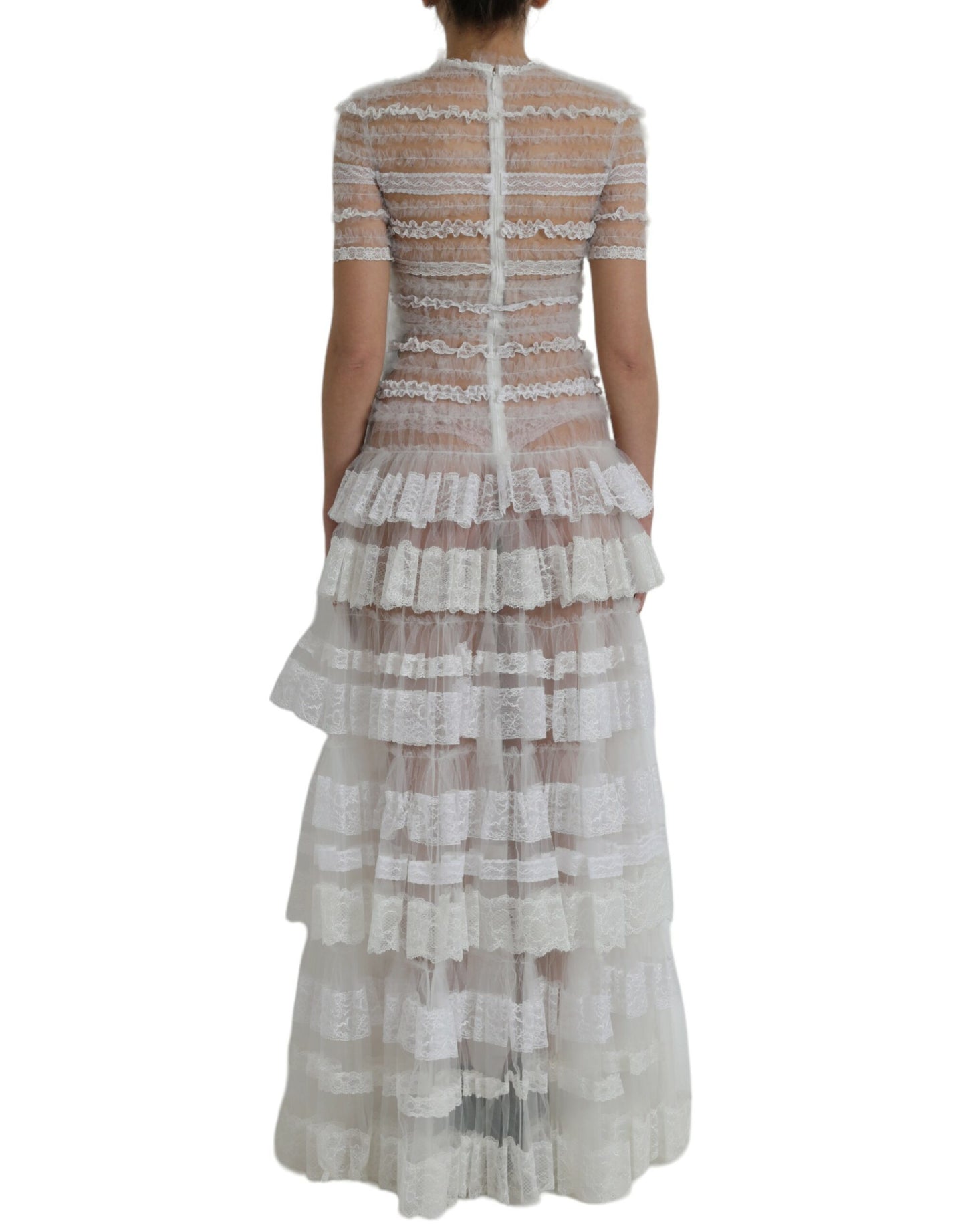  - White Nylon Sheer Tiered Lace Maxi Dress